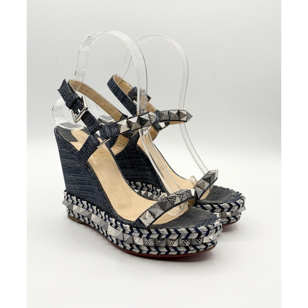 Christian Louboutin Pyraclou 110 Denim Espadrille Wedges Silver Studs EU 36 - Picture 4 of 11